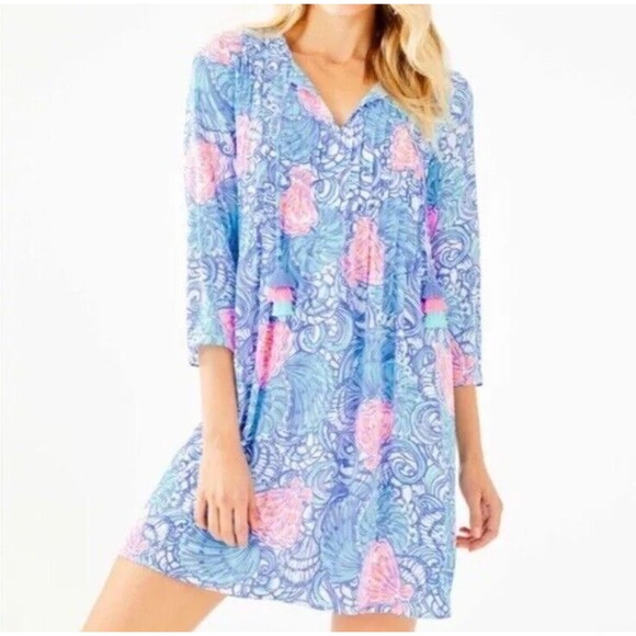 Lilly Pulitzer XS Blue Haven Raising Shell Beach Tropical Resort Mini Dress O10 - Picture 1 of 9